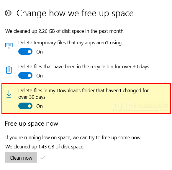 Changes in Storage Sense settings (www.kunal-chowdhury.com) Changes in Storage Sense settings (www.kunal-chowdhury.com)