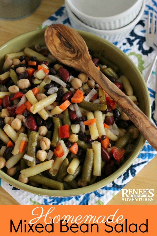 Mixed Bean Salad by Renee's Kitchen Adventures - easy recipe for healthy mixed bean salad also known as 3 bean salad. Makes a perfect side dish recipe for picnics, BBQ's and potlucks. Summertime favorite salad recipe that's best served at room temperature. #Salad #beansalad #cannedgreenbeans #healthy 
