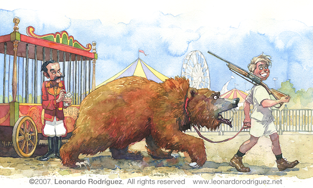 Watercolor illustration of a blond boy buying a huge grizzly bear from a tamer in a circus.  He takes it home like a puppy.  The seller counts the bills next to the empty cage.