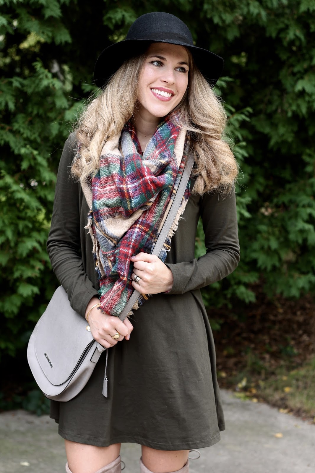 olive dress, OTK boots, blanket scarf, Michael Kors grey saddlebag, black wide brim felt hat
