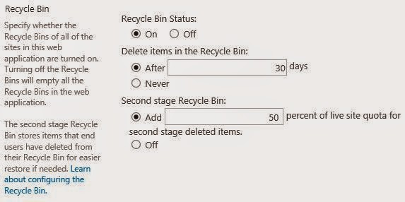SharePoint 2013 Recycle Bin Settings