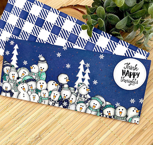 Slimline Snowman Card by August Guest Designer Angie Cimbalo | Frozen Fellowship Stamp Set, Happy Little Thoughts Stamp Set and Gingham Stencil by Newton's Nook Designs  #newtonsnook #handmade