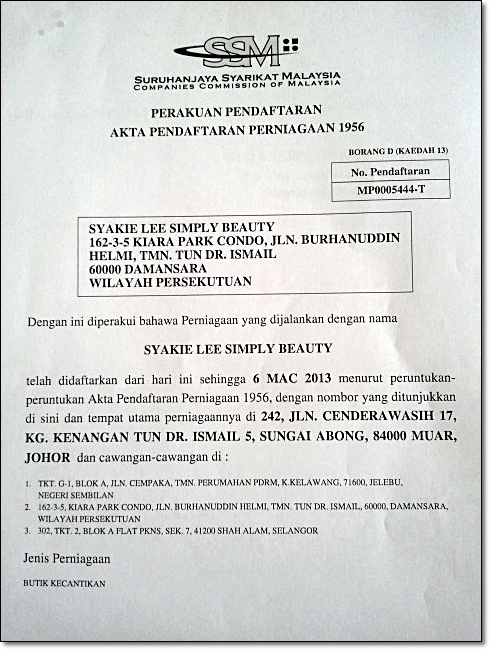 Syakie Simply Beauty No Pendaftaran Syarikat (SLSB)