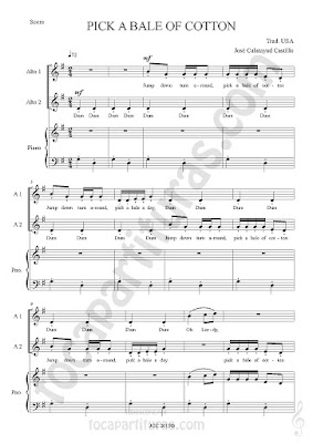 Pick a Bele of Cotton Partitura de Piano y Voces a dúo. Sheet Music for piano and Two Voice