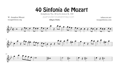 Sinfonía Nº 40 de Mozart Partitura de Flauta, Violín, Saxofón Alto, Trompeta, Viola, Oboe, Clarinete, Saxo Tenor, Soprano Sax, Trombón, Chelo, Fagot, Trompa, Corno, Contrabajo, Tuba...Tablaturas de Guitarra, Tabs