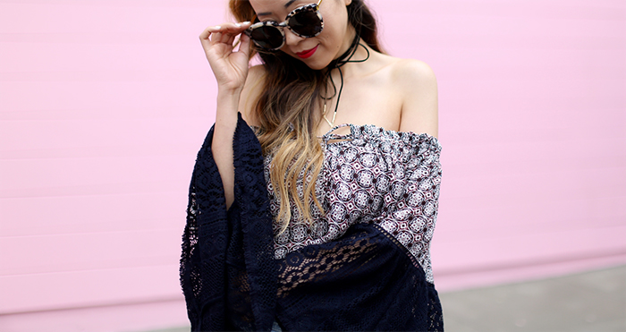 Glamorous off shoulder top with wide lace sleeves, choker, gentle monster sunglasses, one teaspoon shorts, givenchy mini antigen, peep toe booties, san francisco street style, nm gift card event