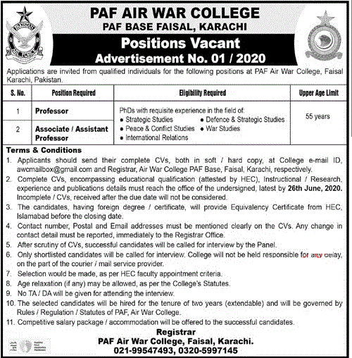 Join PAF Air War College Karachi Jobs 2020 Advertisement No. 01