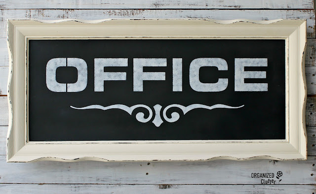 Thrifted Pressed Board Wall Art Upcycled to Faux Chalkboard Office Sign #oldsignstencils #stencil