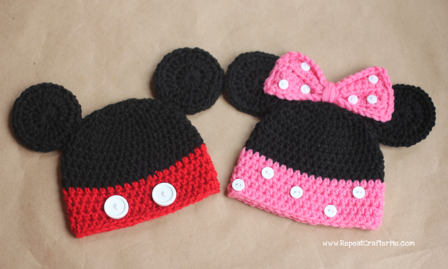 Mickey and Minnie Mouse Crochet Hat Pattern - Repeat Crafter Me