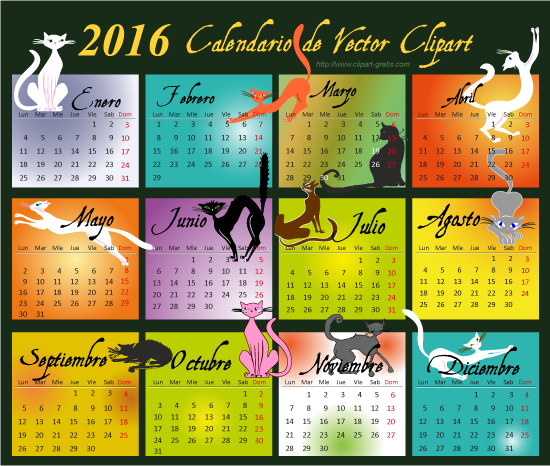 Calendario 2016 de gatos en español - vector