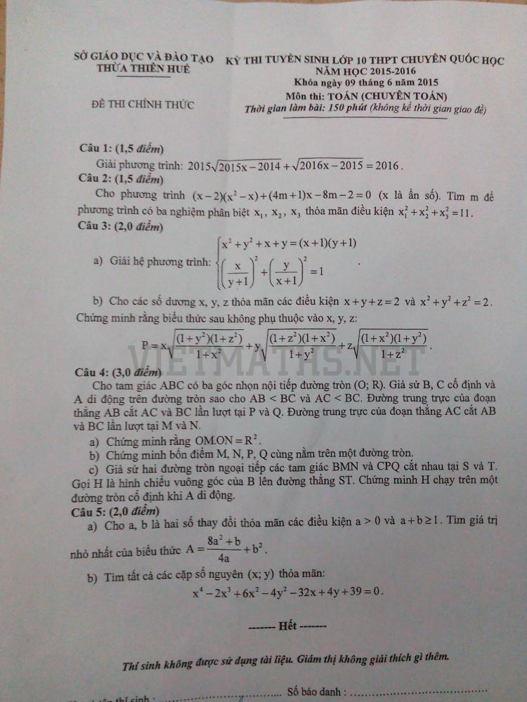 Đề ôn thi vào lớp 10 Toán quốc học huế 2016 - 2017 de on thi vao quoc hoc hue 2016 2017 mon toan