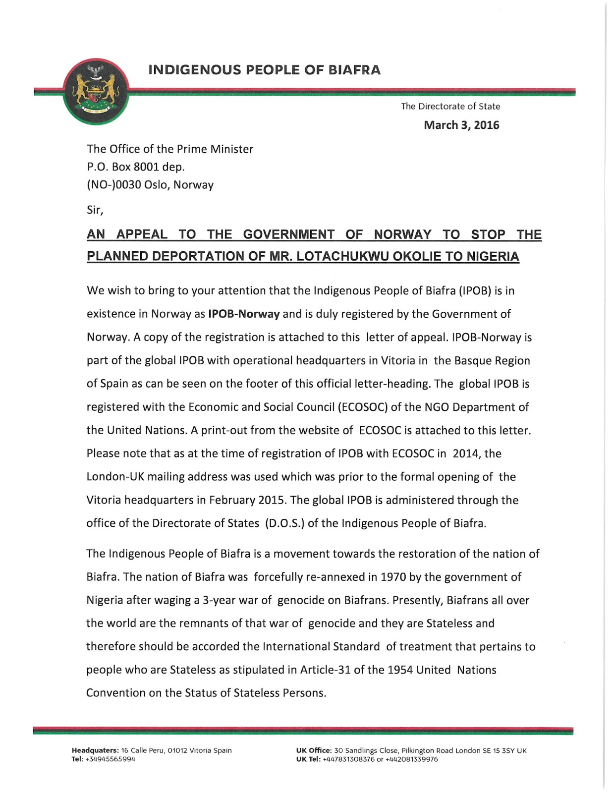 An Appeal To The Government Of Norway To Stop The Planned Deportation