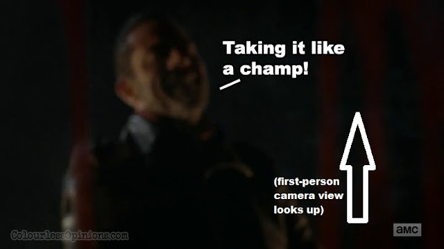 For those who thought they heard "Maggie", it's just Negan saying "Dang" or "... that". negan glenn walking dead s6 finale ending