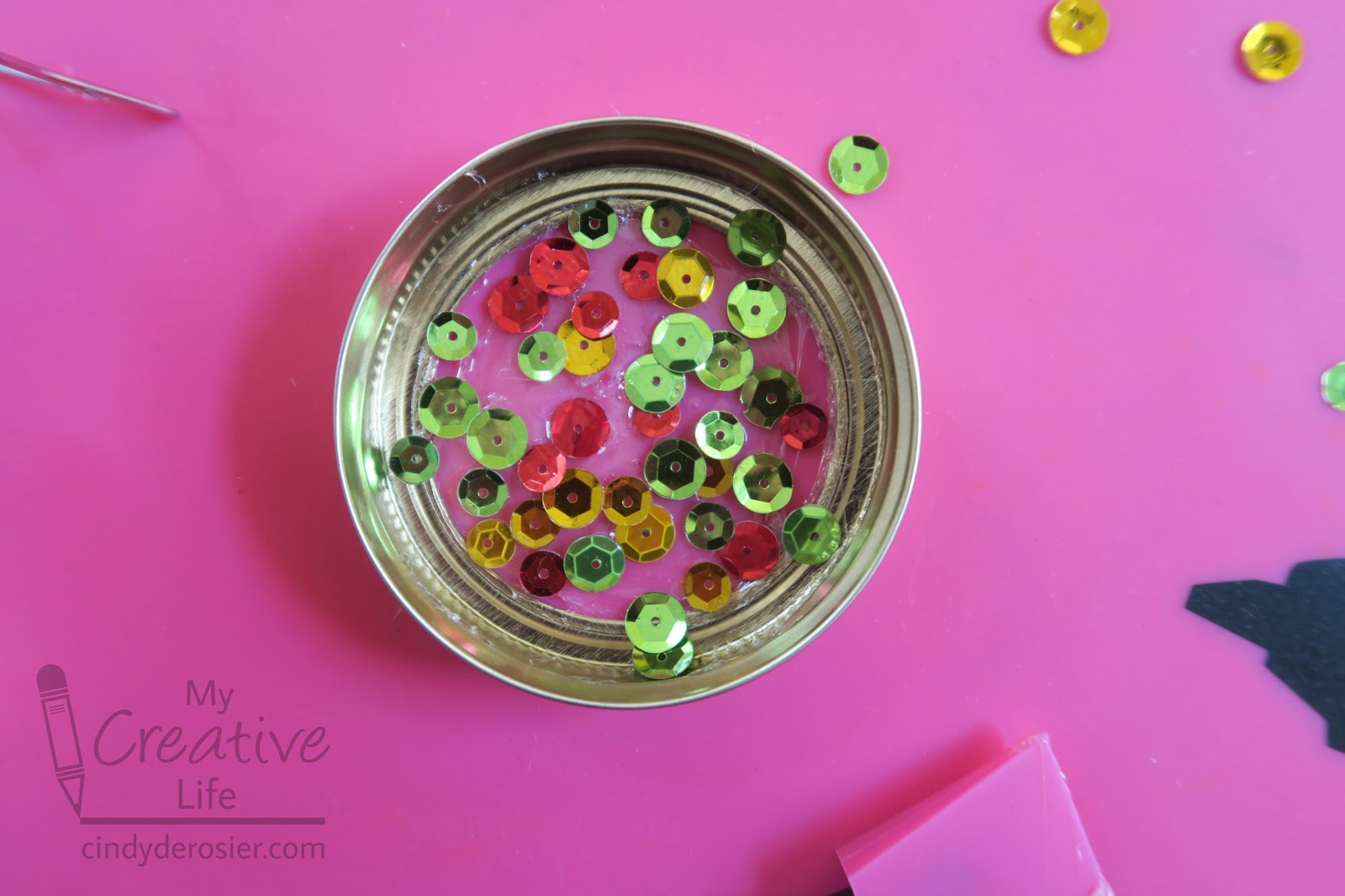 Cindy deRosier My Creative Life Hot Glue Sequin Suncatcher