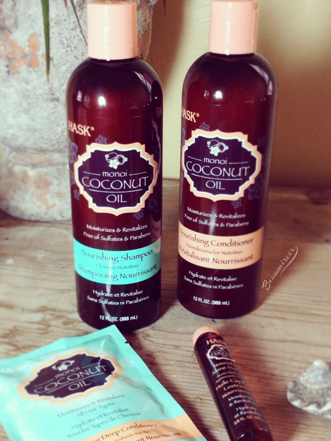 Review: Hask Monoi Coconut Oil Hair Care Collection - shampoo, conditioner, deep conditioner and shine treatment oil