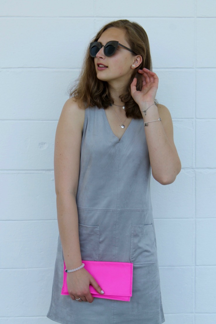 grey shift suede dress, lace up snake skin ballet flats for a chic summer outfit