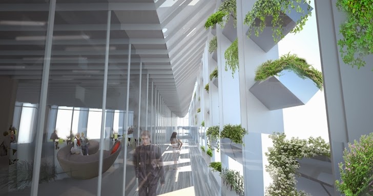 Green facade of the Impressive Modern Office Tower by Aedas from inside