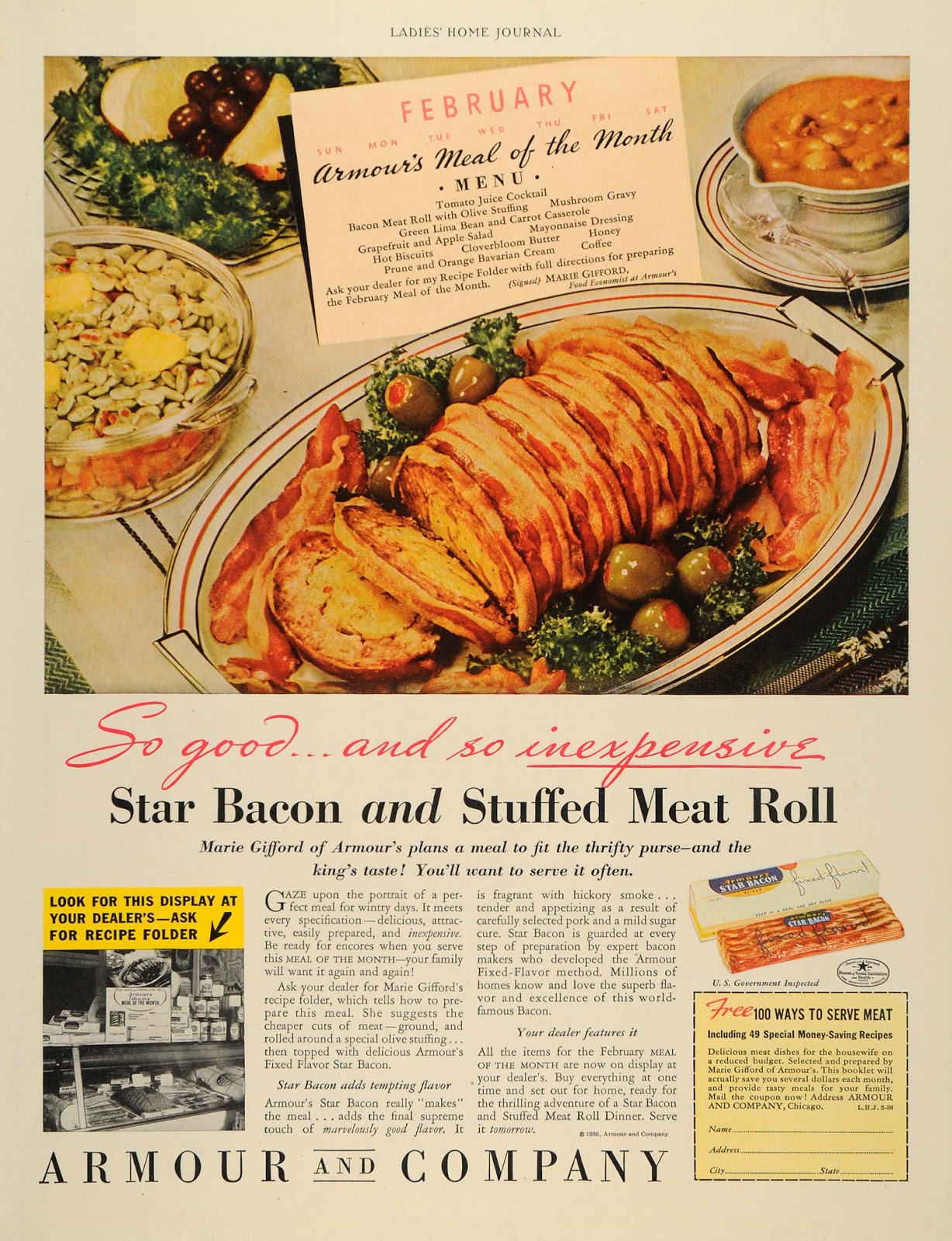 Vintage Recipe Blog: Recipe: Bacon Meat Roll With Olive Stuffing