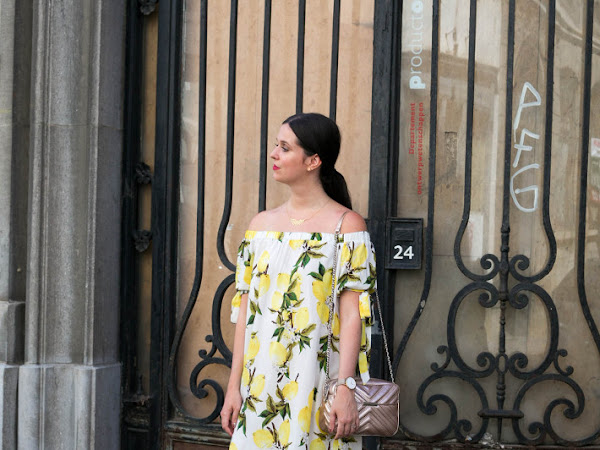 Outfit: lemon print off shoulder dress, Teva flatforms