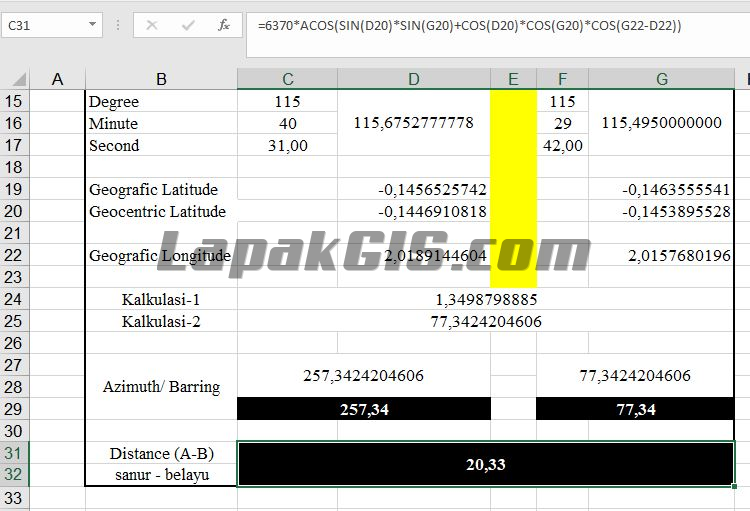 Perhitungan Sudut dan Jarak Antar 2 Titik Koordinat Format Excel XLS