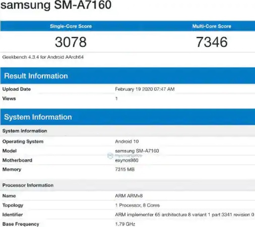 Samsung Galaxy A71 5G, Exynos 980 işlemci ile Geekbench'te görüldü Samsung Galaxy A71 5G, Exynos 980 işlemci ile Geekbench'te görüldü