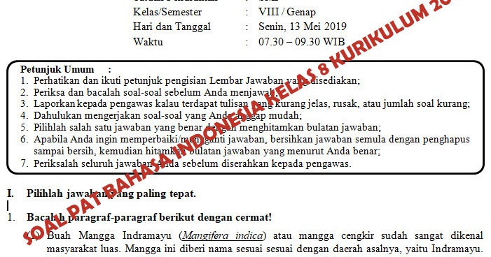 Soal Dan Kunci Balasan Pat Bahasa Indonesia Smp Kelas 8 Kurikulum 2013  Tahun Pelajaran 2018/2019