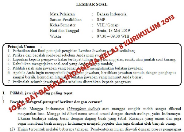 Soal dan Kunci Jawaban PAT Bahasa Indonesia SMP Kelas 8 Kurikulum 2013 Tahun Pelajaran 2018/2019    