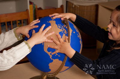 NAMC montessori whole to part lower elementary geography children and sandpaper globe