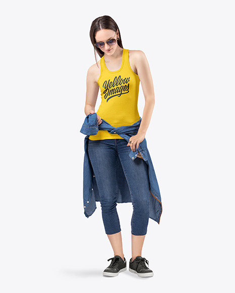 Download Free Woman In Tank Top And Jeans Mockup PSD Mockup Template