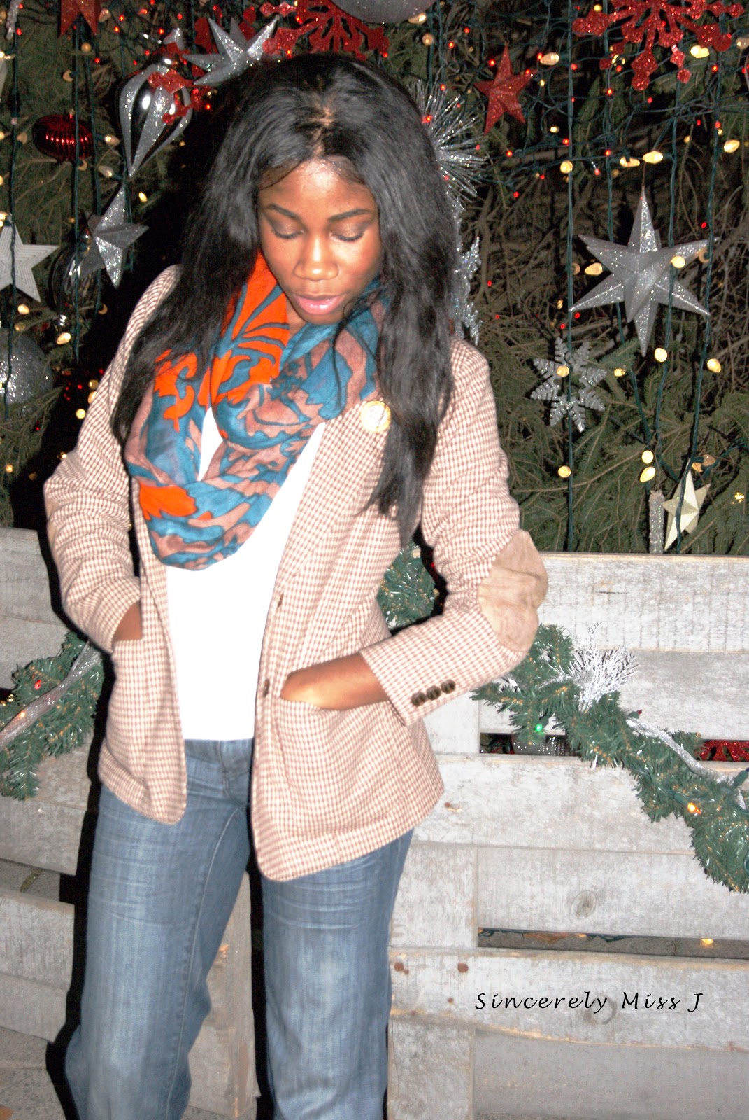 Patterned jacket, colorful scarf and denim jeans - simple and comfortable outfit 