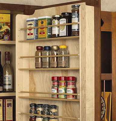 spice rack mounted on inside of cabinet door