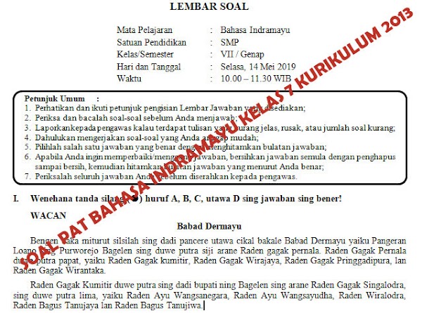 Soal dan Kunci Jawaban PAT Bahasa Indramayu SMP Kelas 7 Kurikulum 2013 Tahun Pelajaran 2018/2019   