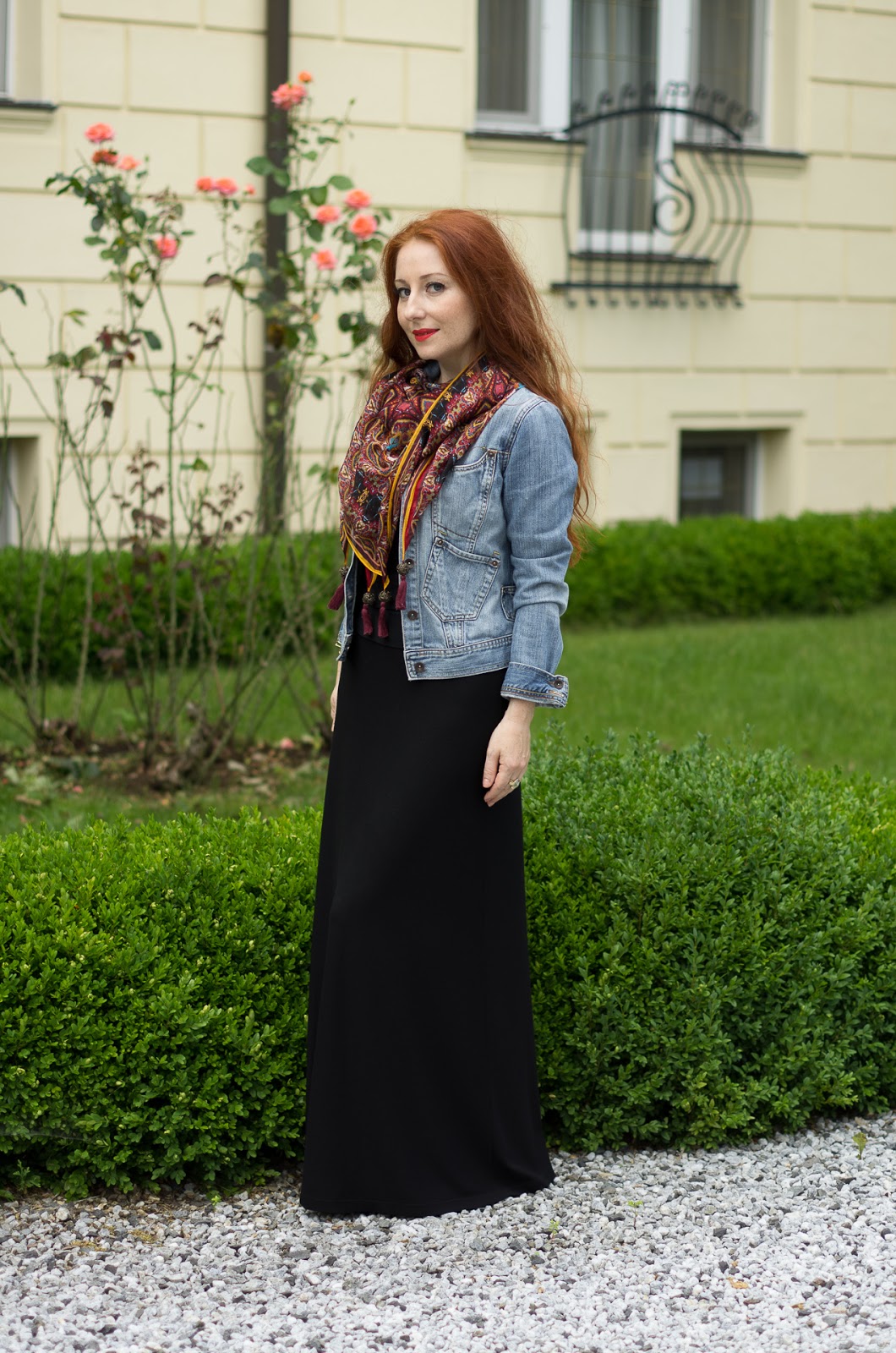 Elegant 40 Long Black Skirt 3rd Combination with Jeans Jacket
