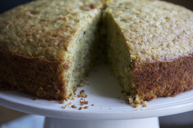 see you in the morning: pistachio olive oil cake. cream. bloody citrus