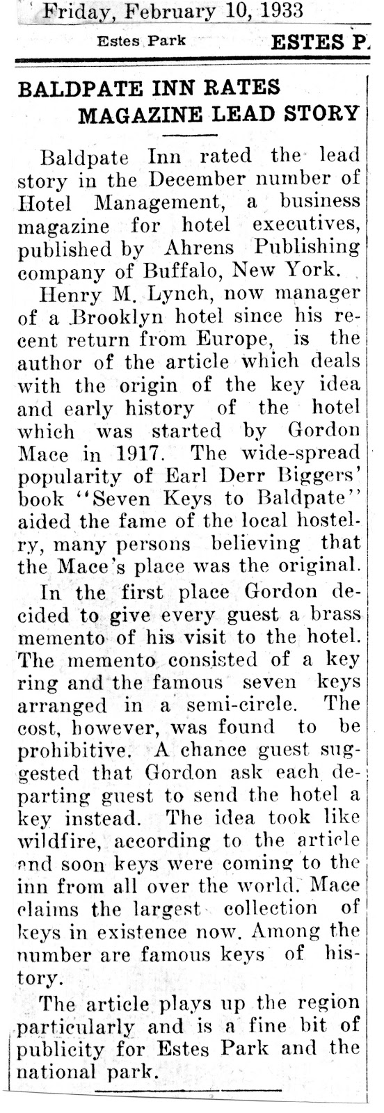 1933 Baldpate feature in Hotel Management