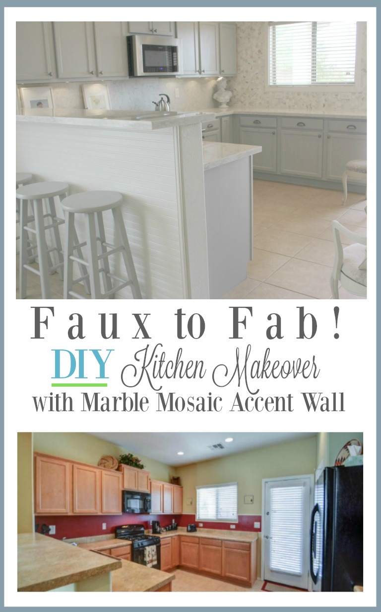 Hello Lovely added a honed marble accent wall to a boring builder's grade kitchen