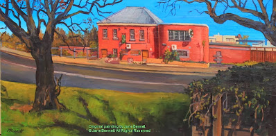 plein air oil painting of the abandoned hotel "Jolly Frog" in Windsor by artist Jane Bennett