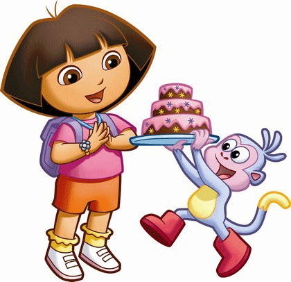 Dora y botas con tarta de cumpleaños