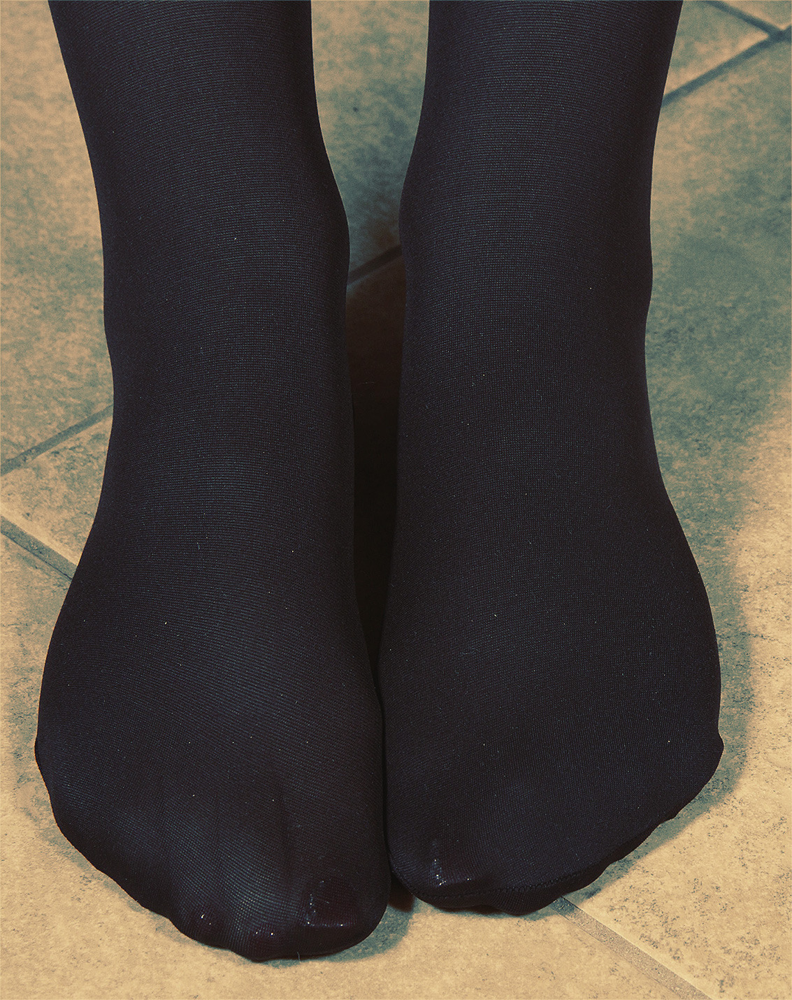 Women`s Legs and Feet in Tights Legs and Feet in Blue and Black Tights