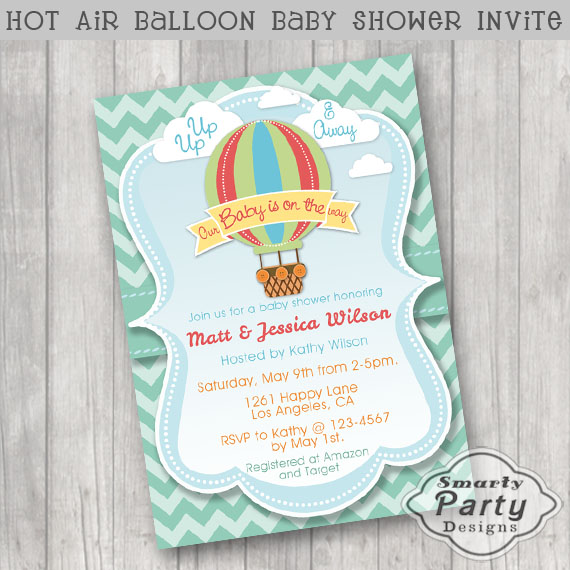 Colorful Hot Air Balloon Baby Shower Invitations Invite Printable Super Cute Hot Air Balloon Baby Shower Invitation Featuring A Colorful With Clouds Blue Frame And Green Chevron Pattern Background