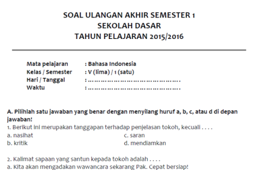 Soal Uas Bahasa Indonesia Semester 1 Kelas 5 Sekolahdasar Net
