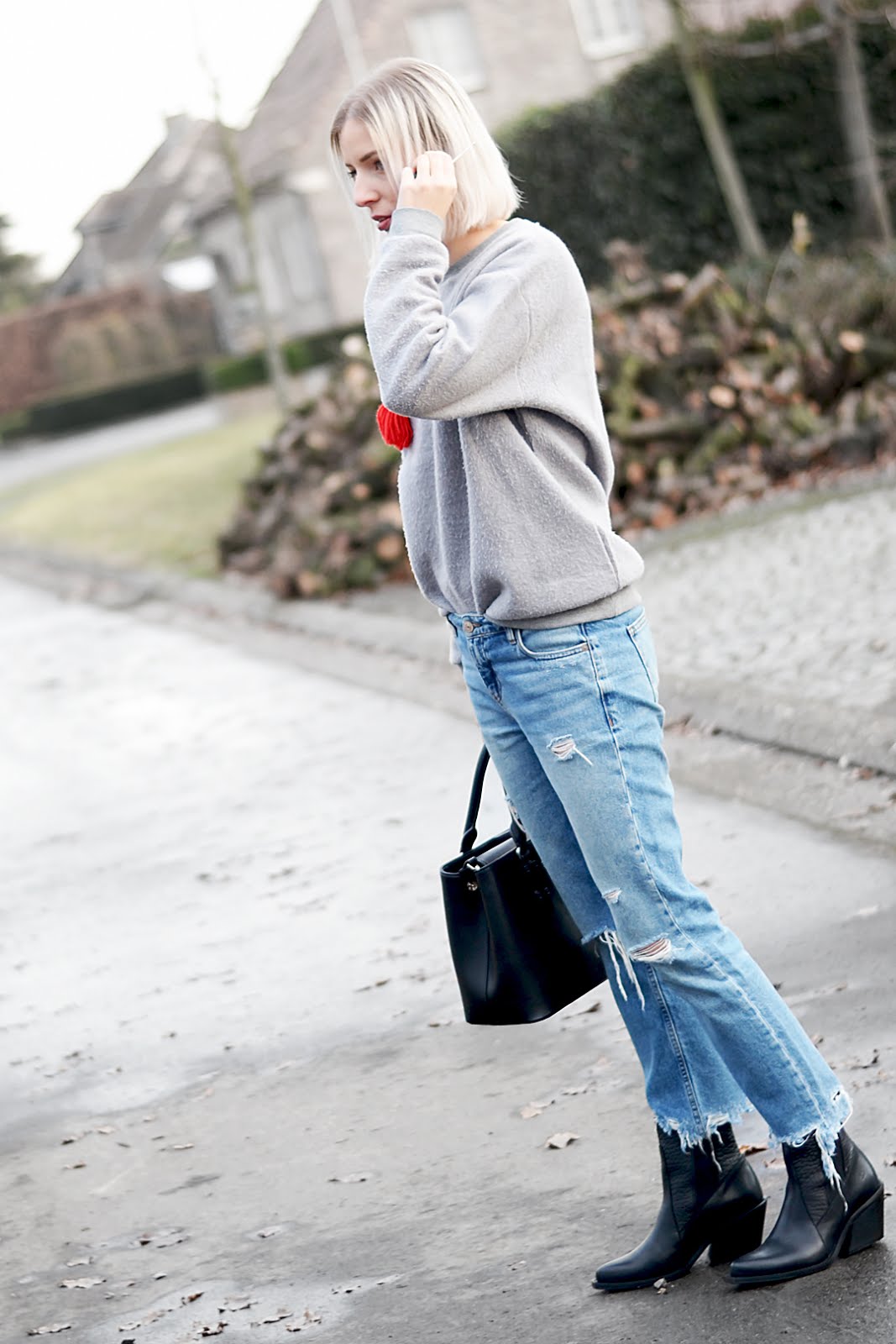 Beauty & bobs sweater, mickey mouse, marc b bag, bald. boots, mango ripped jeans