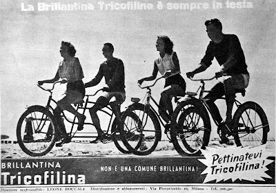 A vintage photo from 1950's advertising of  Tricofilina hair styling pomade product. Picture extracted by Veloce's private old newspaper collection