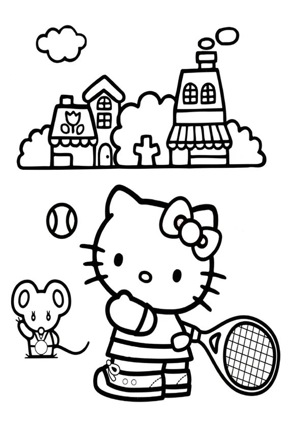 Tranh tô màu mèo hello kitty chơi tenis