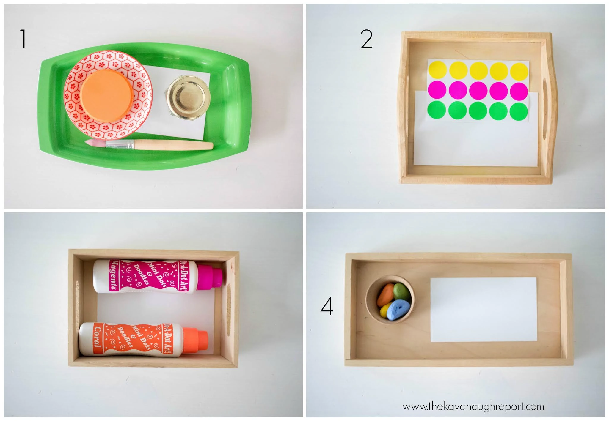 A collage of four Montessori art trays that can be used with young toddlers.