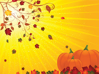 Clipart image of a Thanksgiving background with pumpkins and falling leaves