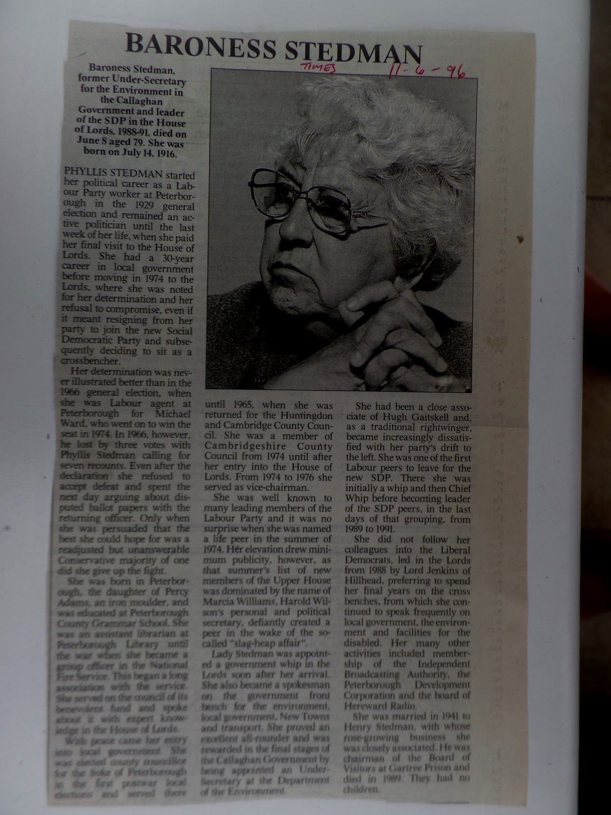 Peerage News Obituary Baroness Stedman