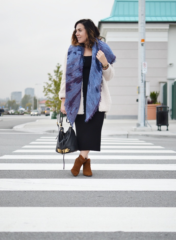 70s chic Le Chateau midi dress suede ankle boots and Aritzia faux shearling jacket Vancouver blogger ootd