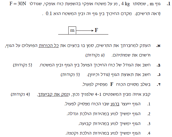 תרגיל פתור - גוף נע על משטח אופקי עם חיכוך בהשפעת כוח אופקי - בגרות פיסיקה 3 יח' קיץ 2008