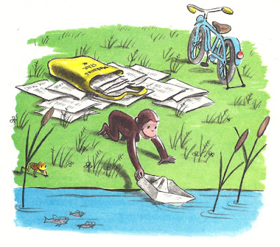 Curious George makes paper boats from newspapers